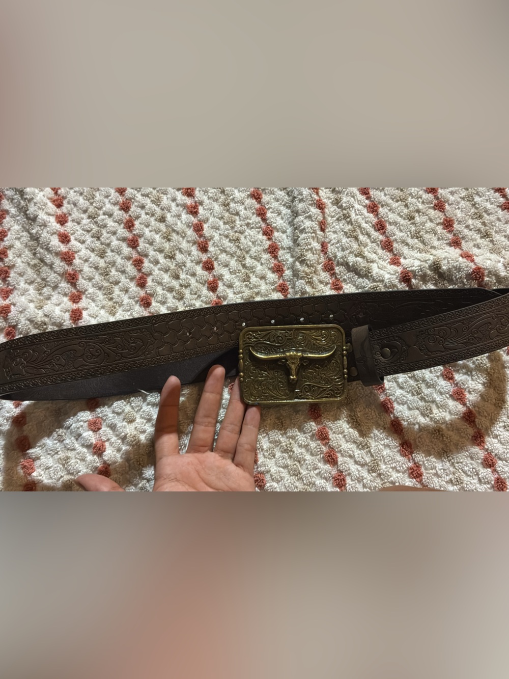 Brown Leather Western Belt with Ornate Brass Buckle